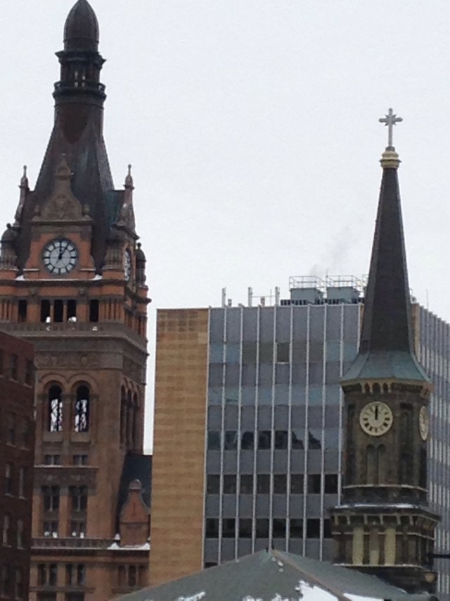 Milwaukee's City Hall and Old St. Mary's Church
