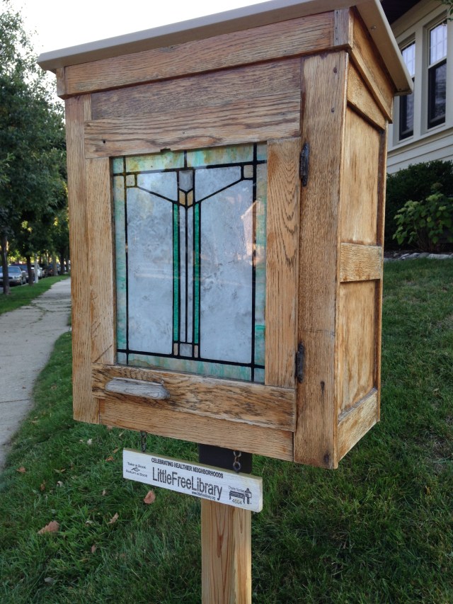 Little Free Library with stained glass