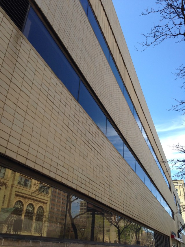 German-English Academy reflected in MSOE Campus Center / Blatz Bottle House