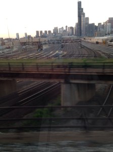 View of Chicago, looking north, from the train yard near Soldier Field aboard the City of New Orleans