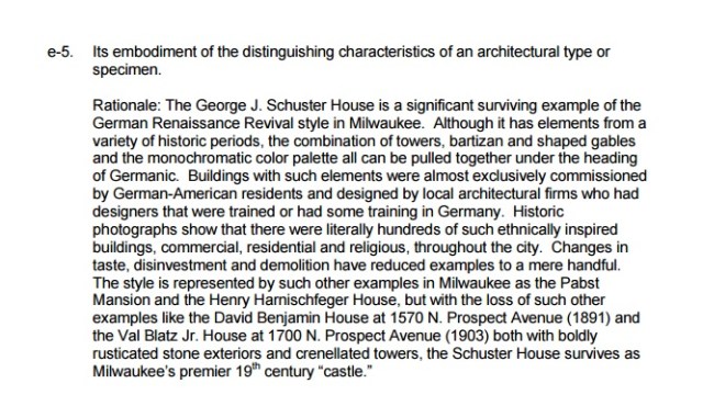 From Page 13 of the Historic Designation Study Report seeking City of Milwaukee Historic Structure status for the George J. Schuster house, 3209 W. Wells Street (no date)