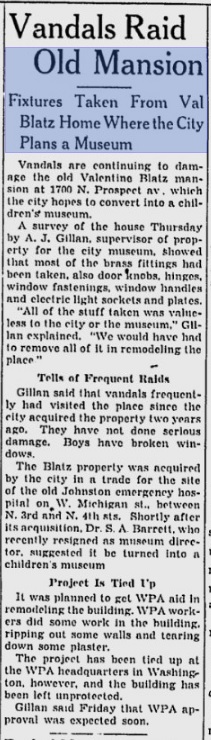 MIlwaukee Journal article on Blatz mansion vandalism - dated December 22, 1939 (from Google News)