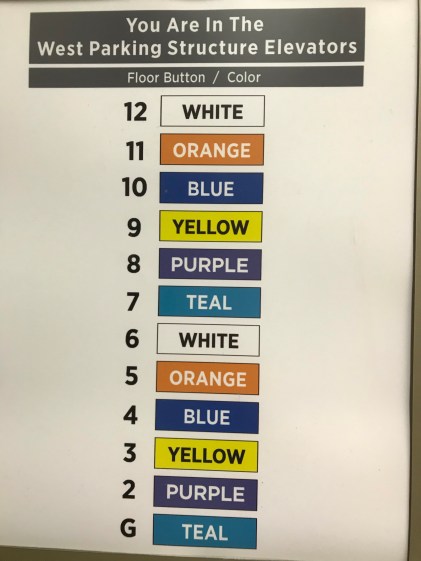 color-coded list of floor numbers inside elevator door, with names of colors inside colored boxes