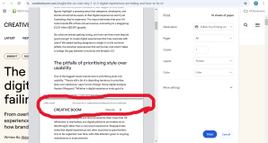 My attempt to print the article but realizing that some text was blocked by a ‘subscribe’ bar that is invisible on the screen (unable to be x’d out)