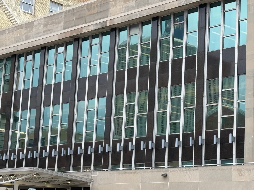 Milwaukee’s Central Library, 8th Street from the stoplight on Wells, heading west