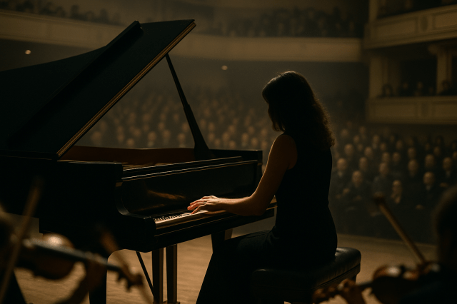 A pianist plays on a concert stage (ChatGPT generated)