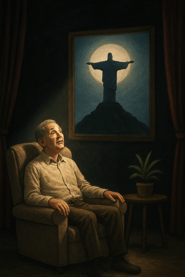 An old man sits in a beige recliner in the spotlight on a shadowed stage beneath a large, framed image of the "Christ the Redeemer" sculpture in Rio de Janeiro 
