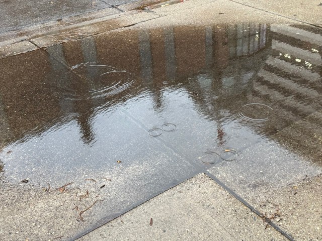 Rings from raindrops spreading across the reflection of Milwaukee’s Grohmann Museum on the surface of a puddle 