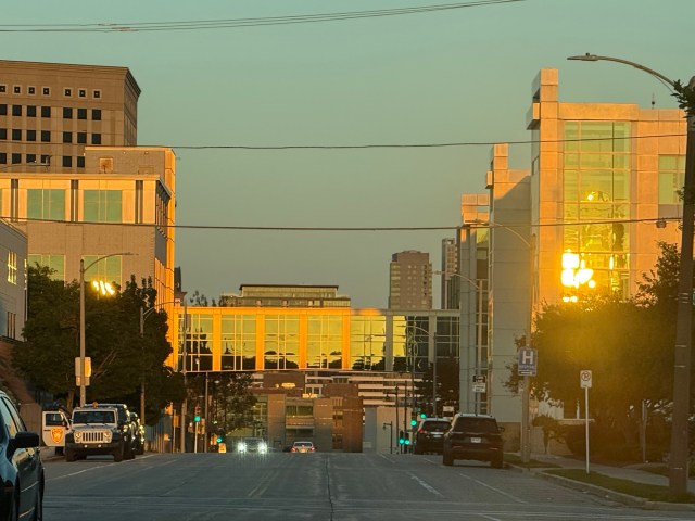 Brilliant sunset reflection on downtown Milwaukee office building windows